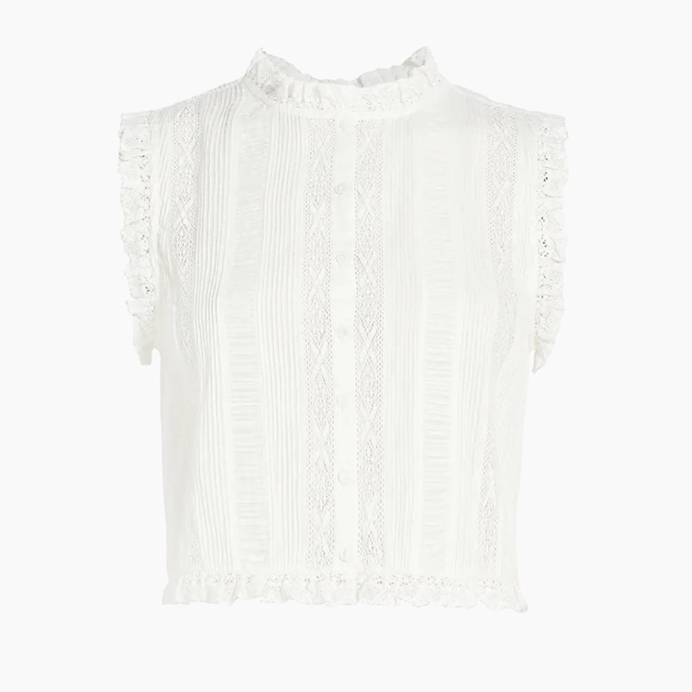 Doen Hallie Cotton Lace Ruffle Button Sleeveless Crop Blouse Top Salt White - Picture 10 of 11